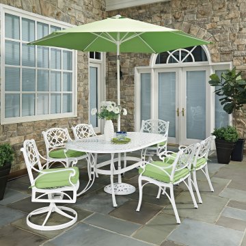 Biscayne Homestyles Biscayne White Oval 9 Pc Outdoor Dining Table 4 Arm Chairs 2 Swivel Rocking With Cushions Umbrella Base