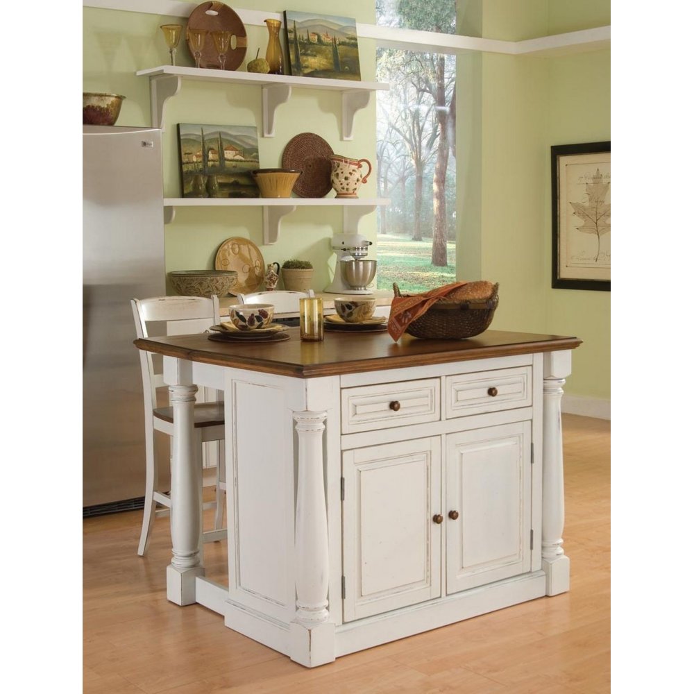 Monarch Antiqued White Kitchen Island And Two Stools Homestyles