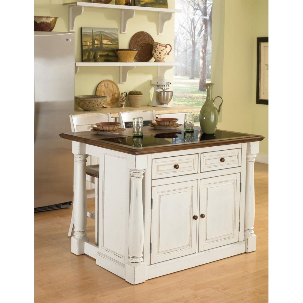 Monarch Antiqued White Kitchen Island And Two Stools Home