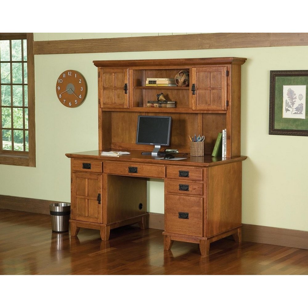 Arts & Crafts Pedestal Desk and Hutch Cottage Oak Finish | Homestyles