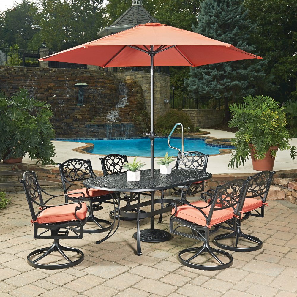 Biscayne Black Oval 9 Pc Outdoor Dining Table, 6 Swivel Rocking Chairs with Cushions u0026 Umbrella Biscayne Black Oval 9 Pc Outdoor Dining Table, 6 Swivel Rocking Chairs with Cushions u0026 Umbrella