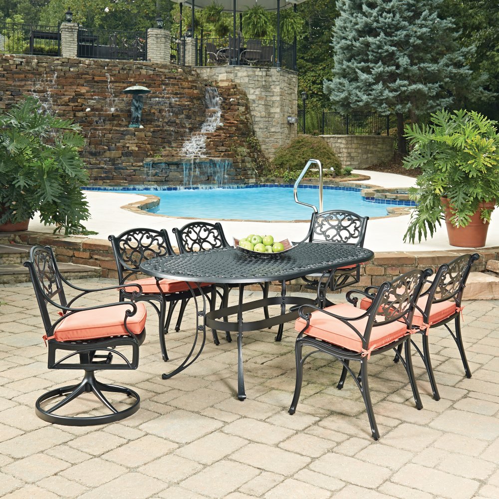 Biscayne Black Oval 7 Pc Outdoor Dining Table With 4 Arm Chairs Biscayne Black Oval 7 Pc Outdoor Dining Table With 4 Arm Chairs 2 Swivel Rocking Cushions
