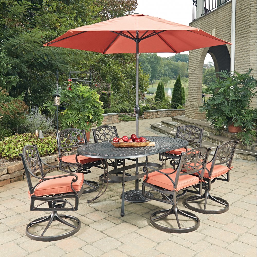 Biscayne Rust Bronze Oval 9 Pc Outdoor Dining Table 6 Swivel Biscayne Rust Bronze Oval 9 Pc Outdoor Dining Table 6 Swivel Rocking Chairs With Cushions Umbrella Base