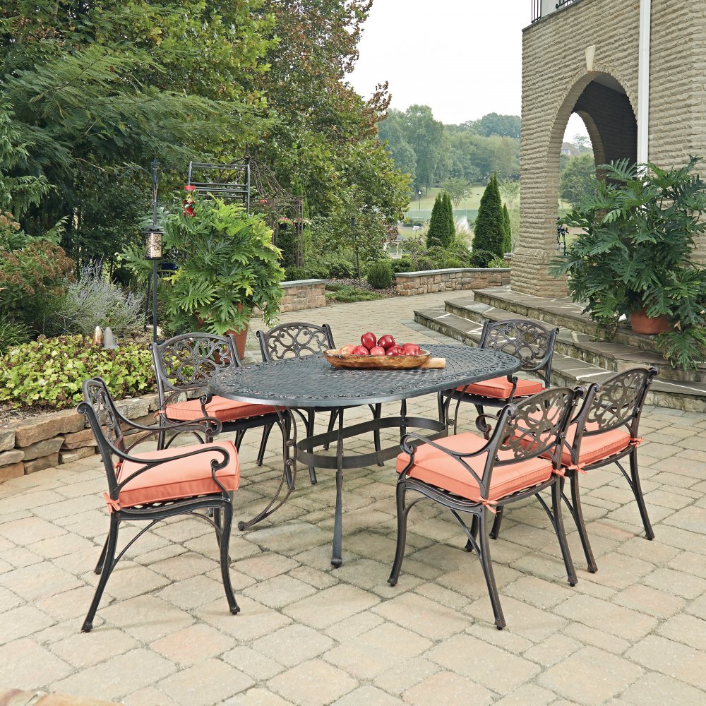 Biscayne Rust Bronze Oval 7 Pc Outdoor Dining Table 6 Arm Chairs Biscayne Rust Bronze Oval 7 Pc Outdoor Dining Table 6 Arm Chairs With Cushions