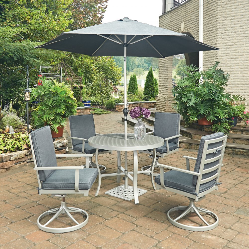 South Beach 7 Pc Round Outdoor Dining Table With 4 Swivel Rocking South Beach 7 Pc Round Outdoor Dining Table With 4 Swivel Rocking Chairs Umbrella Base